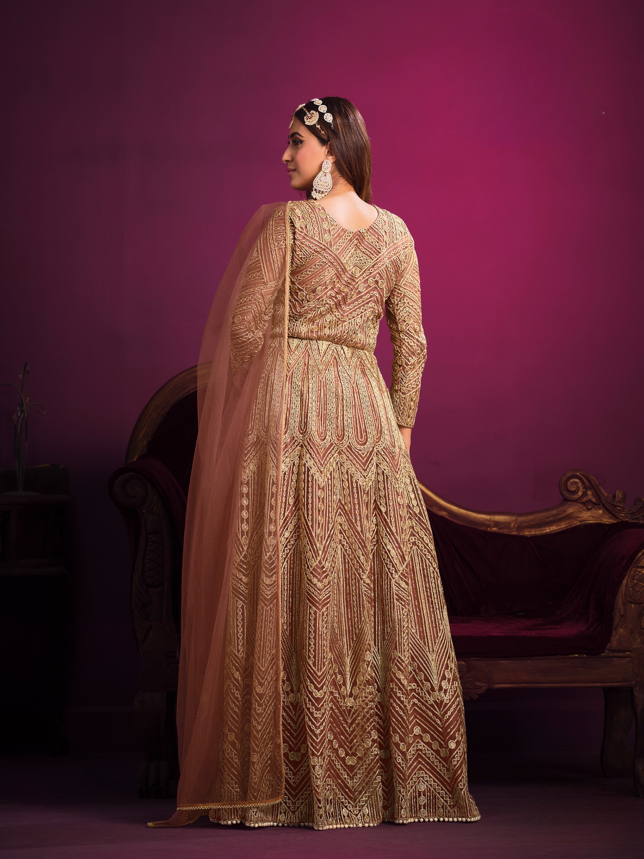 Anaita Orange Embroidered Net Anarkali Suit | Grocsy