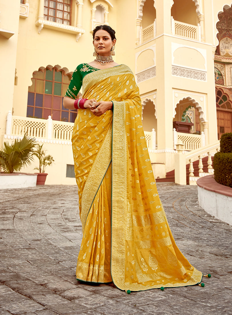 Monjolika Fashion Mustard Yellow Designer Dola Silk Wedding Saree | Grocsy
