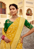 Monjolika Fashion Mustard Yellow Designer Dola Silk Wedding Saree | Grocsy