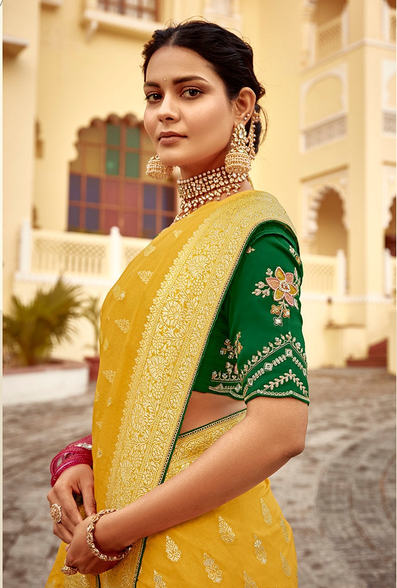 Monjolika Fashion Mustard Yellow Designer Dola Silk Wedding Saree | Grocsy