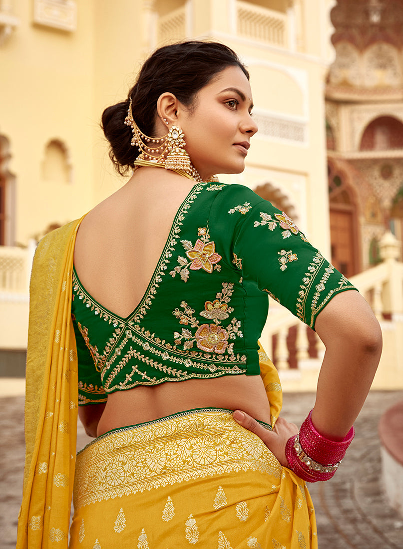 Monjolika Fashion Mustard Yellow Designer Dola Silk Wedding Saree | Grocsy