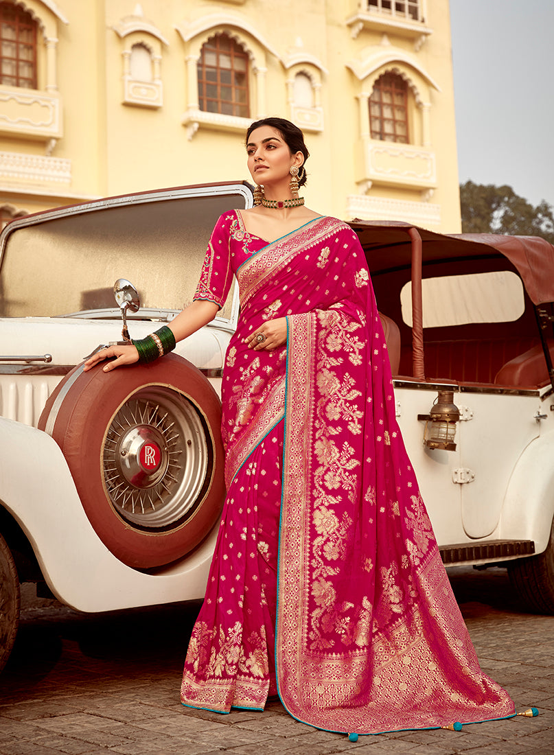 Monjolika Fashion Rani Pink Banarasi Weaving Dola Silk Wedding Saree | Grocsy