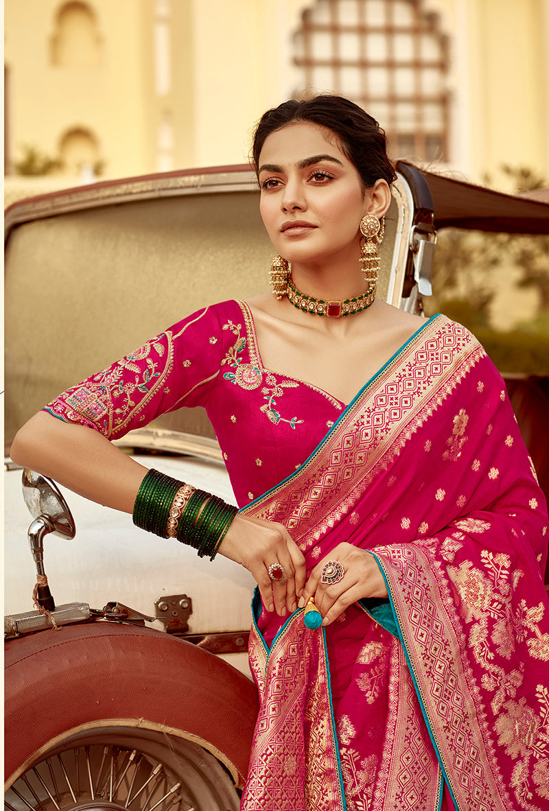 Monjolika Fashion Rani Pink Banarasi Weaving Dola Silk Wedding Saree | Grocsy