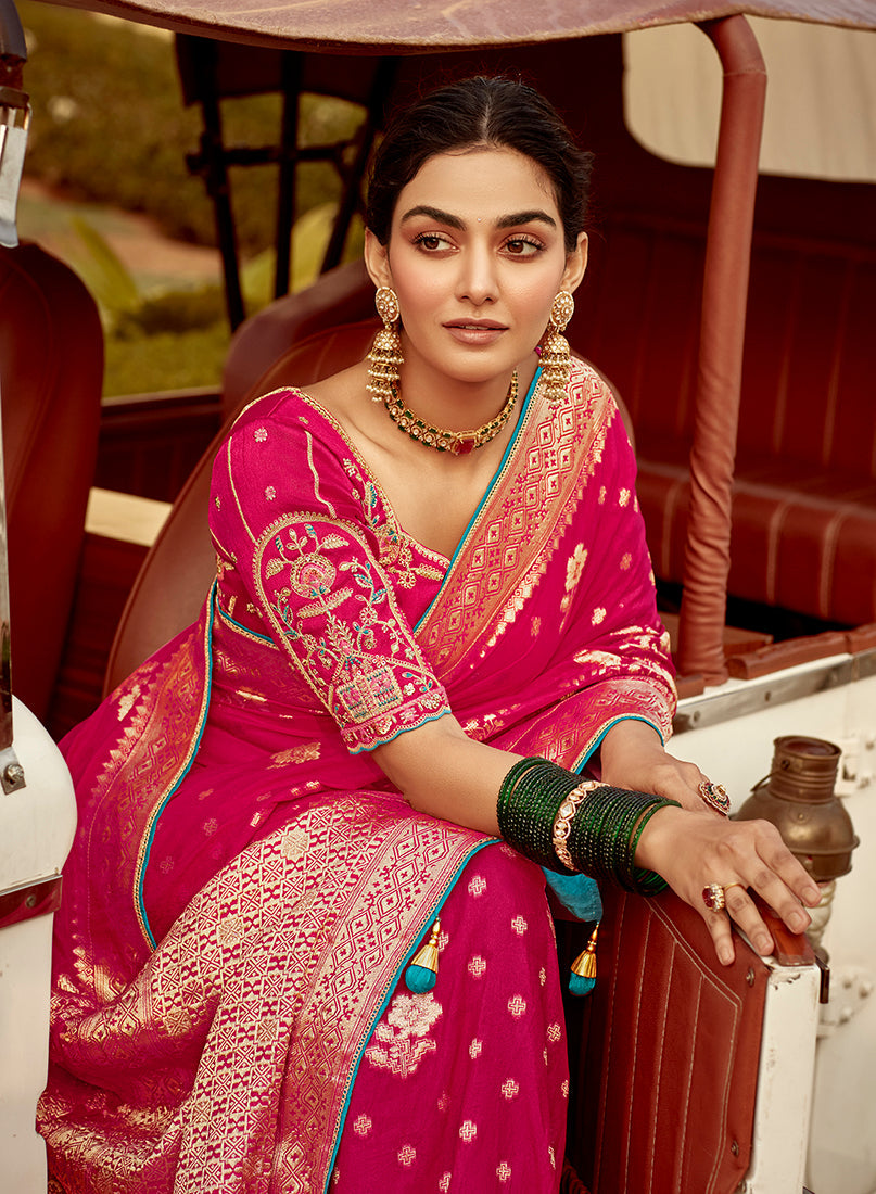 Monjolika Fashion Rani Pink Banarasi Weaving Dola Silk Wedding Saree | Grocsy