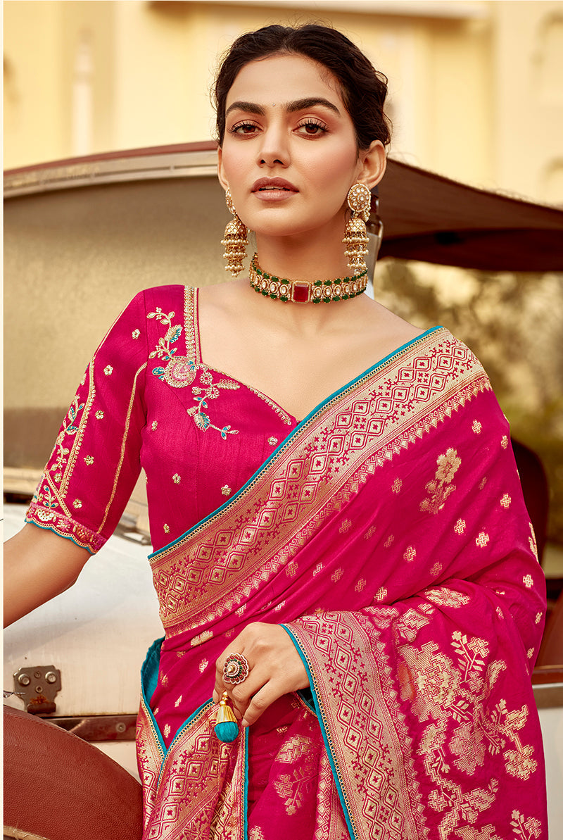 Monjolika Fashion Rani Pink Banarasi Weaving Dola Silk Wedding Saree | Grocsy