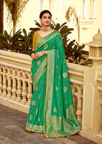 Monjolika Fashion Emerald Green Designer Dola Silk Wedding Saree | Grocsy