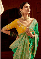 Monjolika Fashion Emerald Green Designer Dola Silk Wedding Saree | Grocsy