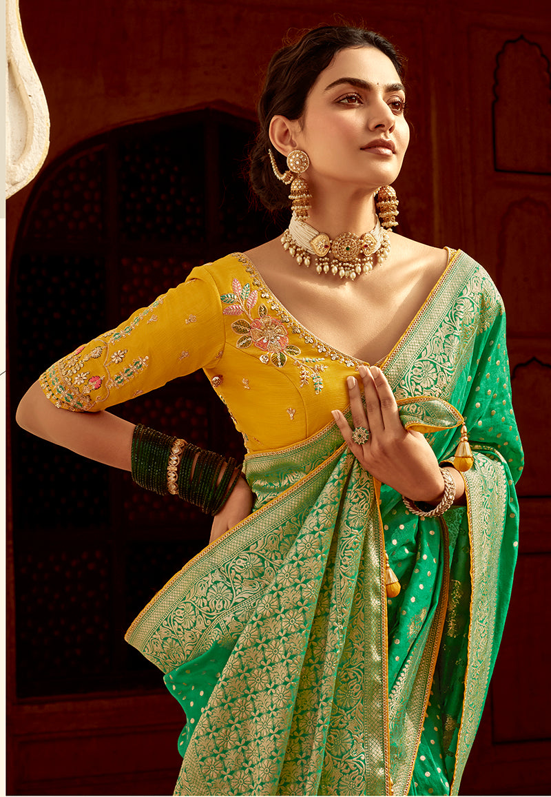 Monjolika Fashion Emerald Green Designer Dola Silk Wedding Saree | Grocsy