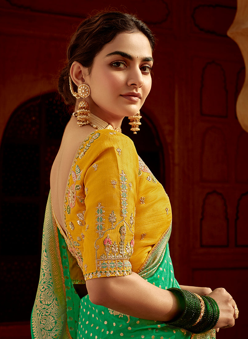 Monjolika Fashion Emerald Green Designer Dola Silk Wedding Saree | Grocsy