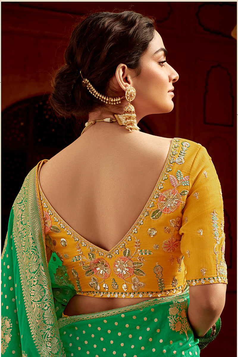 Monjolika Fashion Emerald Green Designer Dola Silk Wedding Saree | Grocsy