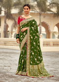 Monjolika Fashion Bottle Green Banarasi Weaving Dola Silk Wedding Saree | Grocsy