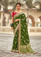 Monjolika Fashion Bottle Green Banarasi Weaving Dola Silk Wedding Saree | Grocsy