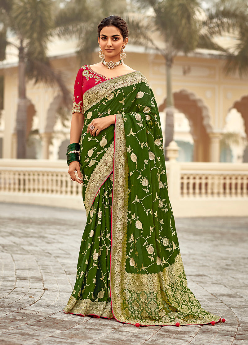 Monjolika Fashion Bottle Green Banarasi Weaving Dola Silk Wedding Saree | Grocsy