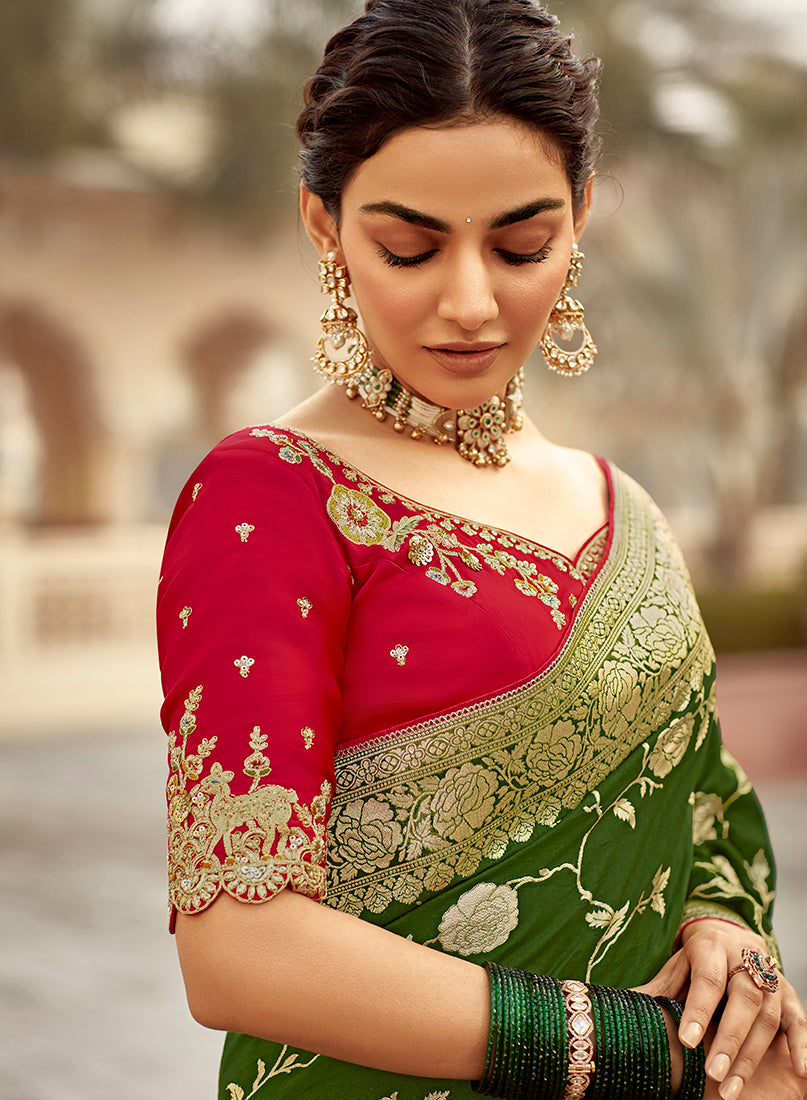 Monjolika Fashion Bottle Green Banarasi Weaving Dola Silk Wedding Saree | Grocsy