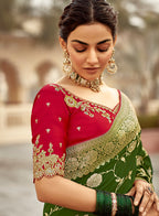 Monjolika Fashion Bottle Green Banarasi Weaving Dola Silk Wedding Saree | Grocsy