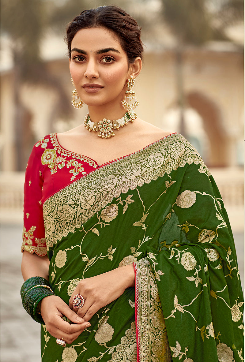 Monjolika Fashion Bottle Green Banarasi Weaving Dola Silk Wedding Saree | Grocsy