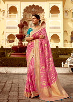 Monjolika Fashion Rose Pink Dola Silk Wedding Saree with Heavy Zari Weaving | Grocsy