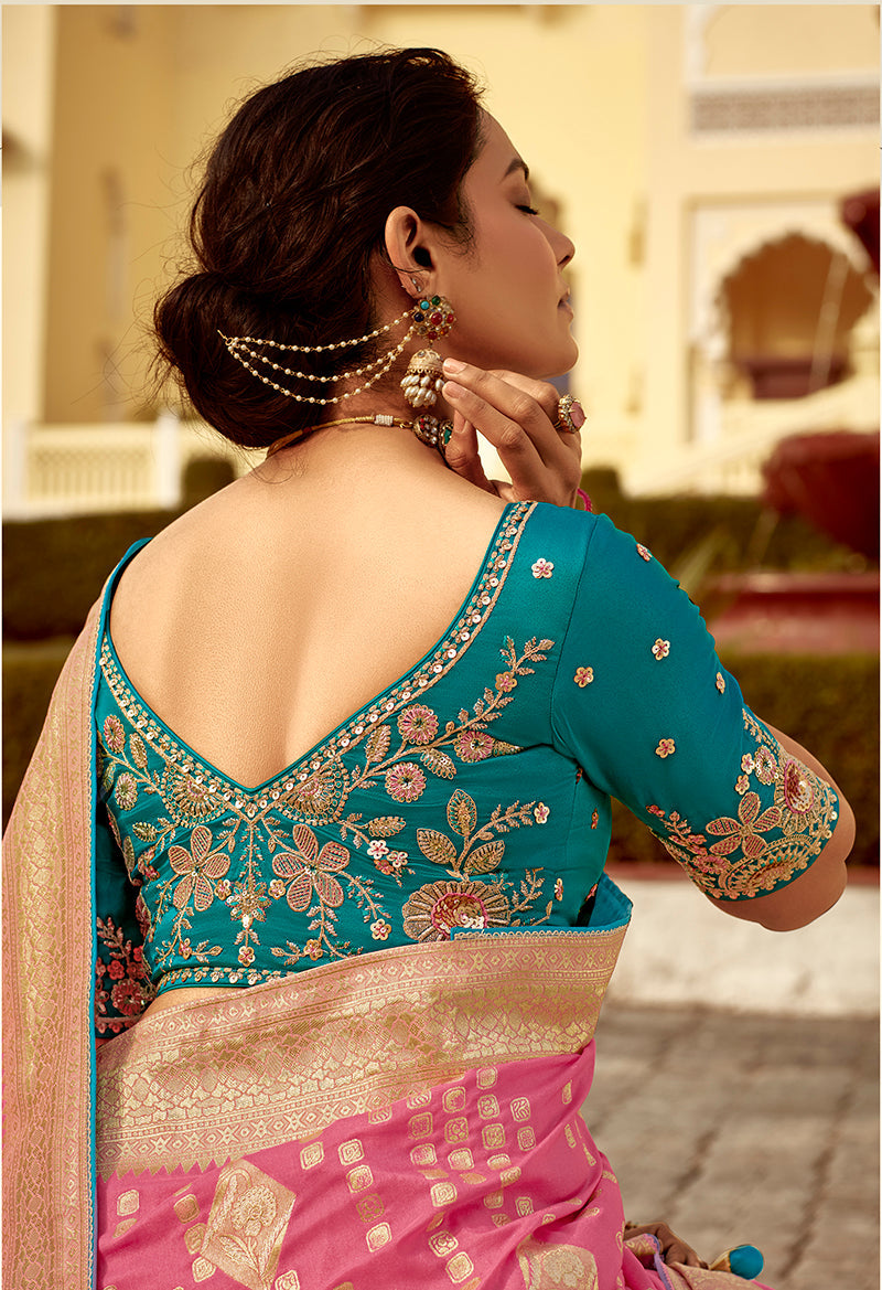 Monjolika Fashion Rose Pink Dola Silk Wedding Saree with Heavy Zari Weaving | Grocsy