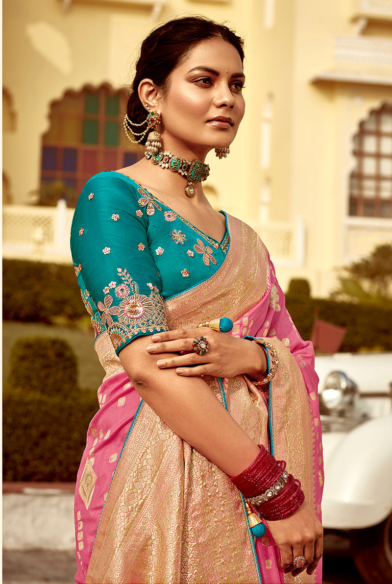 Monjolika Fashion Rose Pink Dola Silk Wedding Saree with Heavy Zari Weaving | Grocsy