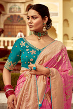 Monjolika Fashion Rose Pink Dola Silk Wedding Saree with Heavy Zari Weaving | Grocsy