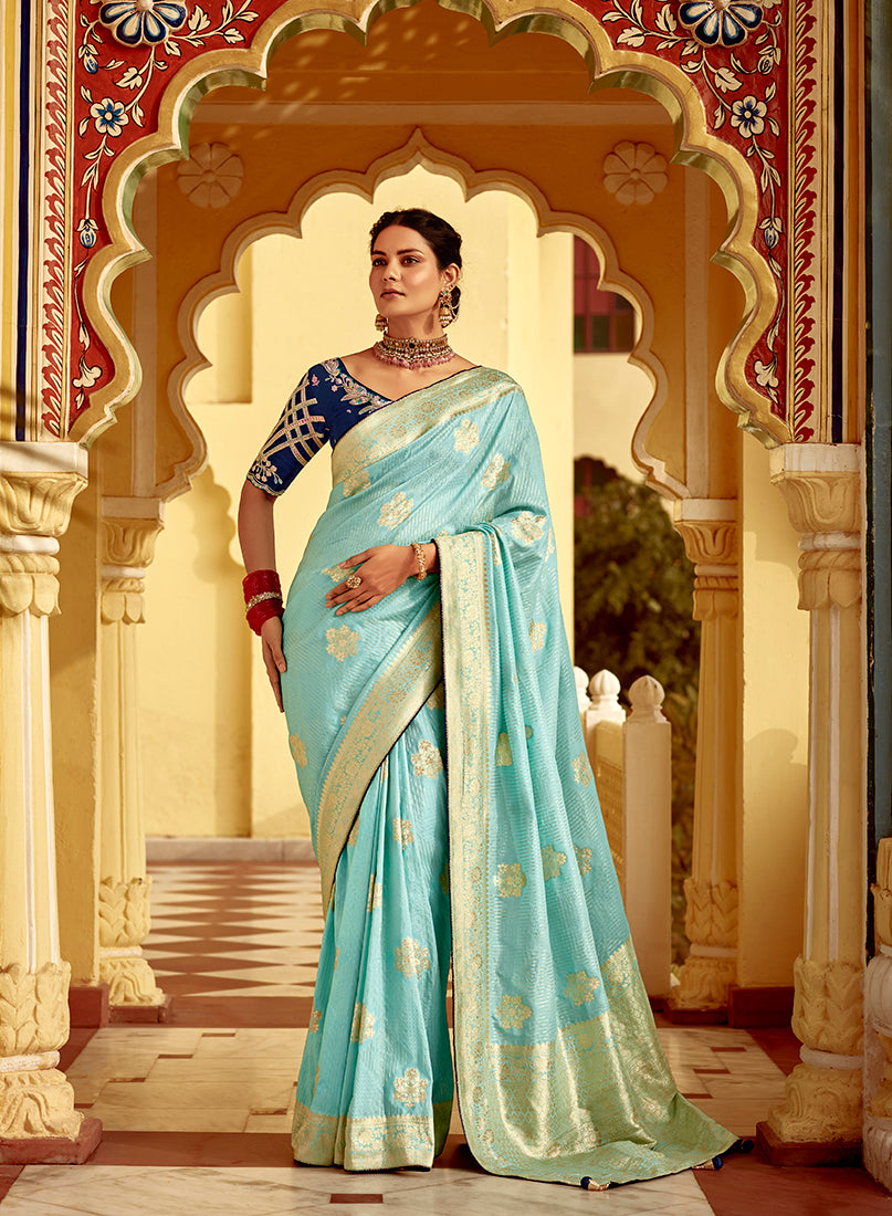 Monjolika Fashion Sky Blue Banarasi Weaving Dola Silk Wedding Saree | Grocsy