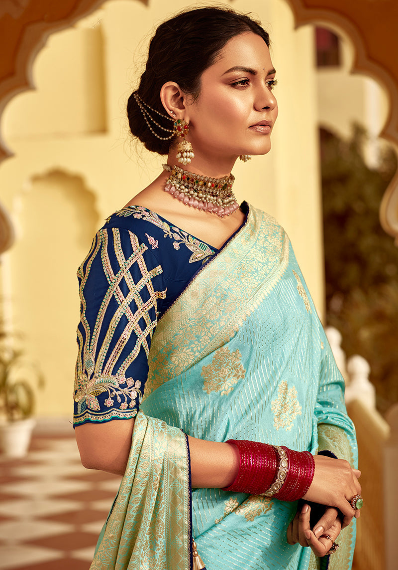 Monjolika Fashion Sky Blue Banarasi Weaving Dola Silk Wedding Saree | Grocsy