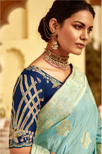 Monjolika Fashion Sky Blue Banarasi Weaving Dola Silk Wedding Saree | Grocsy
