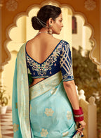 Monjolika Fashion Sky Blue Banarasi Weaving Dola Silk Wedding Saree | Grocsy