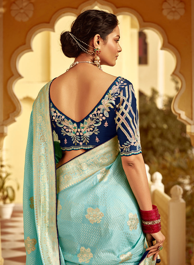 Monjolika Fashion Sky Blue Banarasi Weaving Dola Silk Wedding Saree | Grocsy
