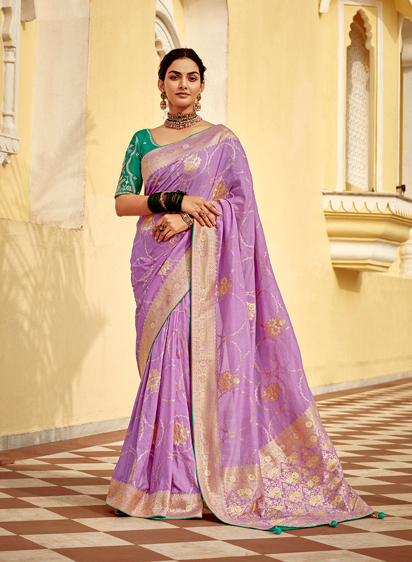 Monjolika Fashion Lavender Purple Designer Dola Silk Wedding Saree | Grocsy