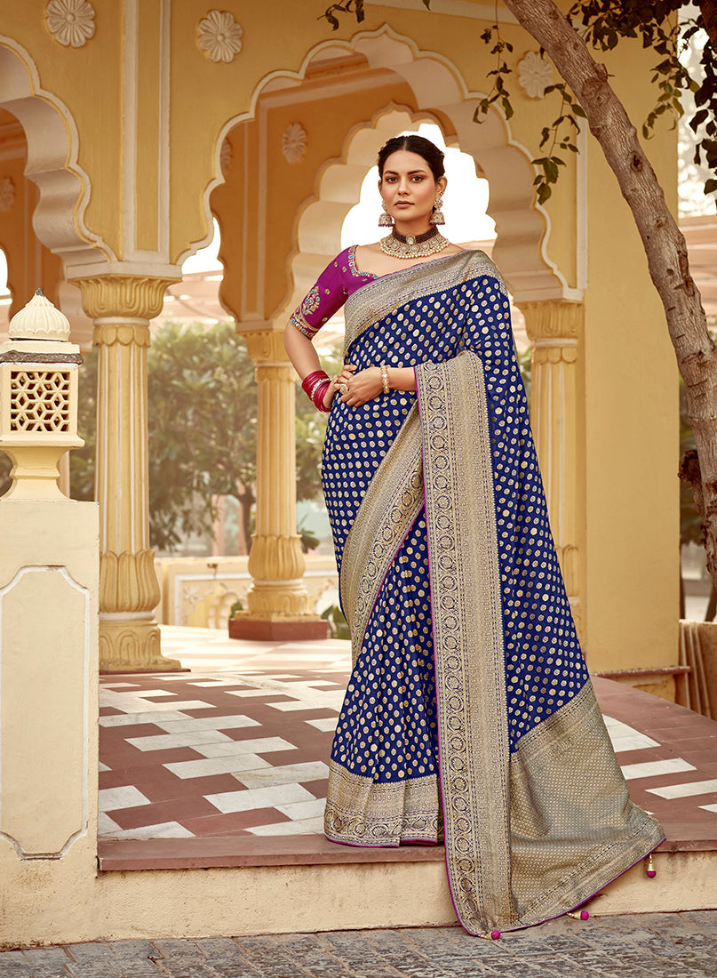Monjolika Fashion Navy Blue Banarasi Weaving Dola Silk Wedding Saree | Grocsy