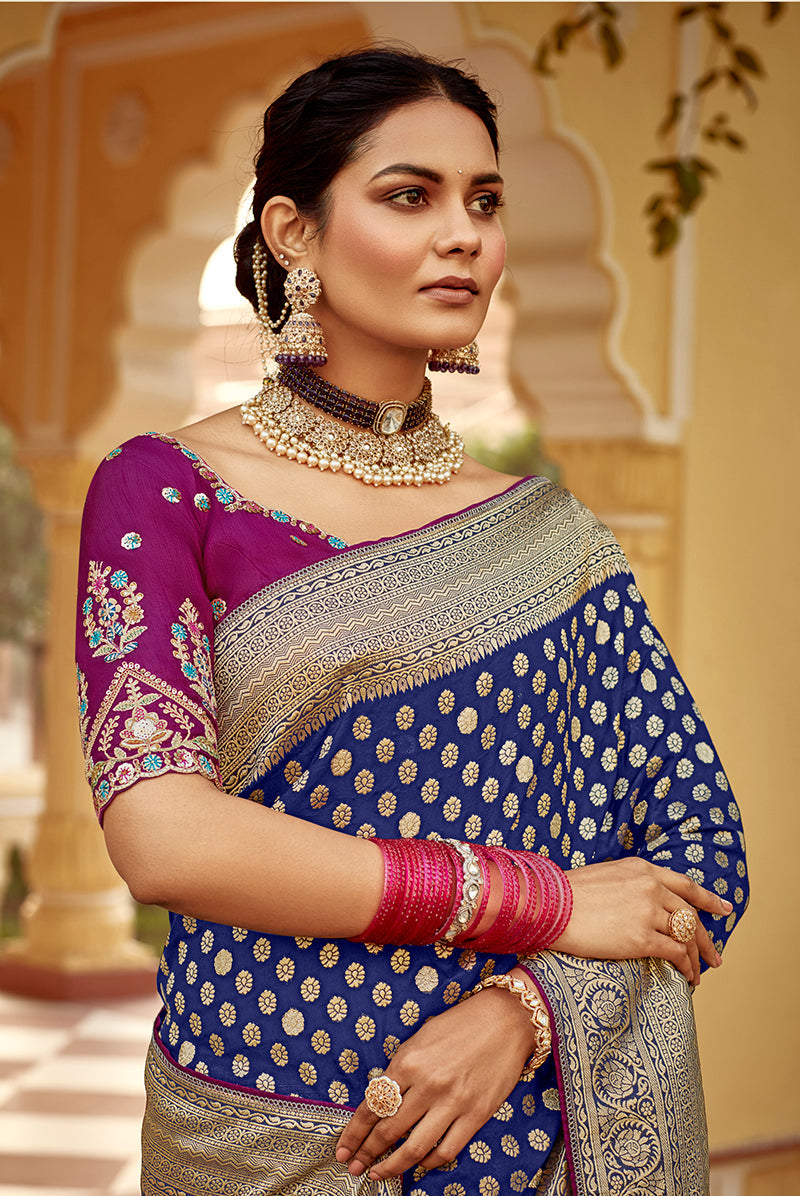 Monjolika Fashion Navy Blue Banarasi Weaving Dola Silk Wedding Saree | Grocsy