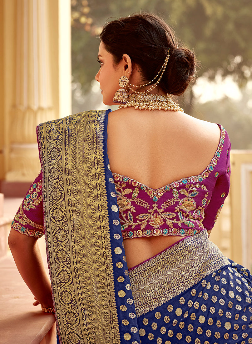 Monjolika Fashion Navy Blue Banarasi Weaving Dola Silk Wedding Saree | Grocsy