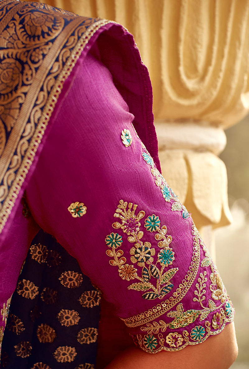 Monjolika Fashion Navy Blue Banarasi Weaving Dola Silk Wedding Saree | Grocsy