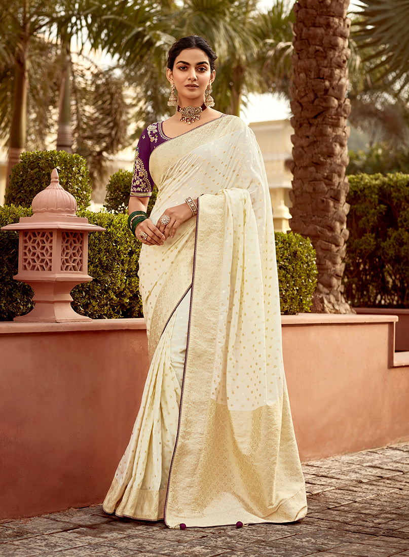Monjolika Fashion Off-White Designer Dola Silk Wedding Saree with Zari Weaving | Grocsy