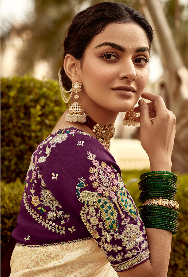 Monjolika Fashion Off-White Designer Dola Silk Wedding Saree with Zari Weaving | Grocsy