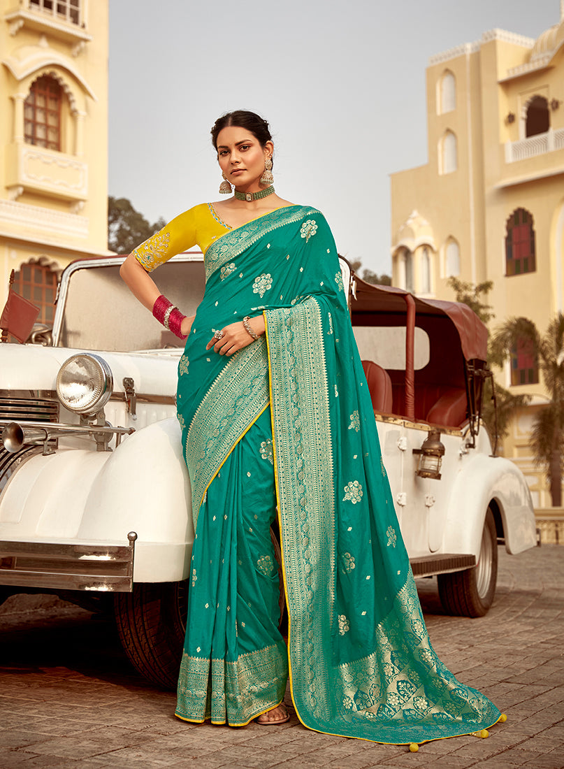 Monjolika Fashion Teal Green Dola Silk Wedding Saree with Heavy Zari Weaving | Grocsy