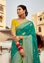 Monjolika Fashion Teal Green Dola Silk Wedding Saree with Heavy Zari Weaving | Grocsy