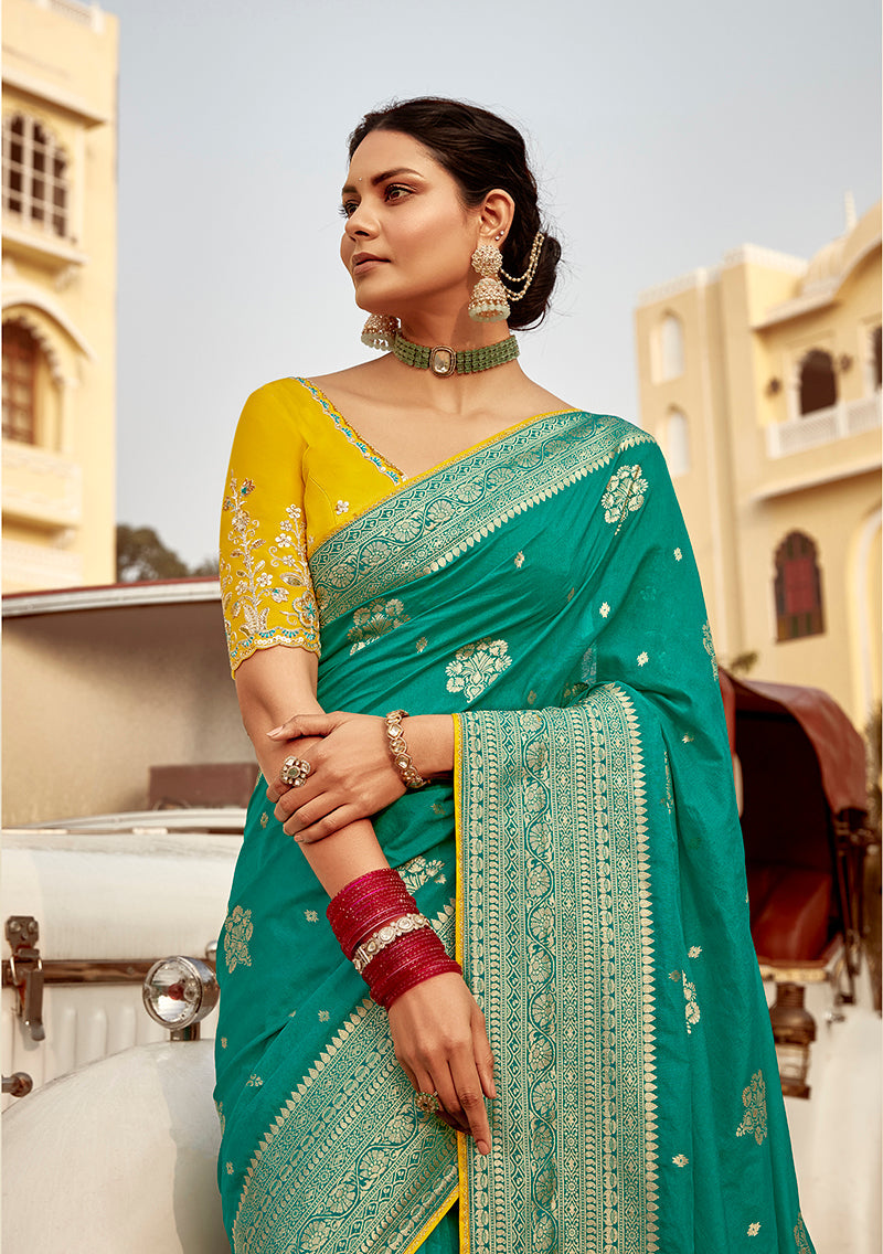 Monjolika Fashion Teal Green Dola Silk Wedding Saree with Heavy Zari Weaving | Grocsy