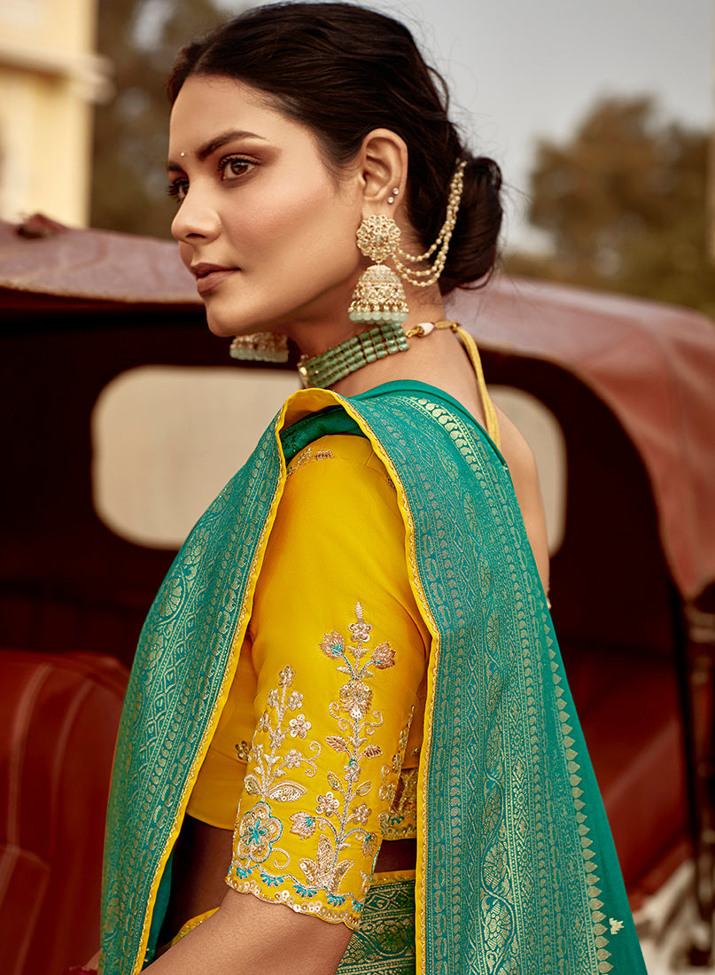 Monjolika Fashion Teal Green Dola Silk Wedding Saree with Heavy Zari Weaving | Grocsy