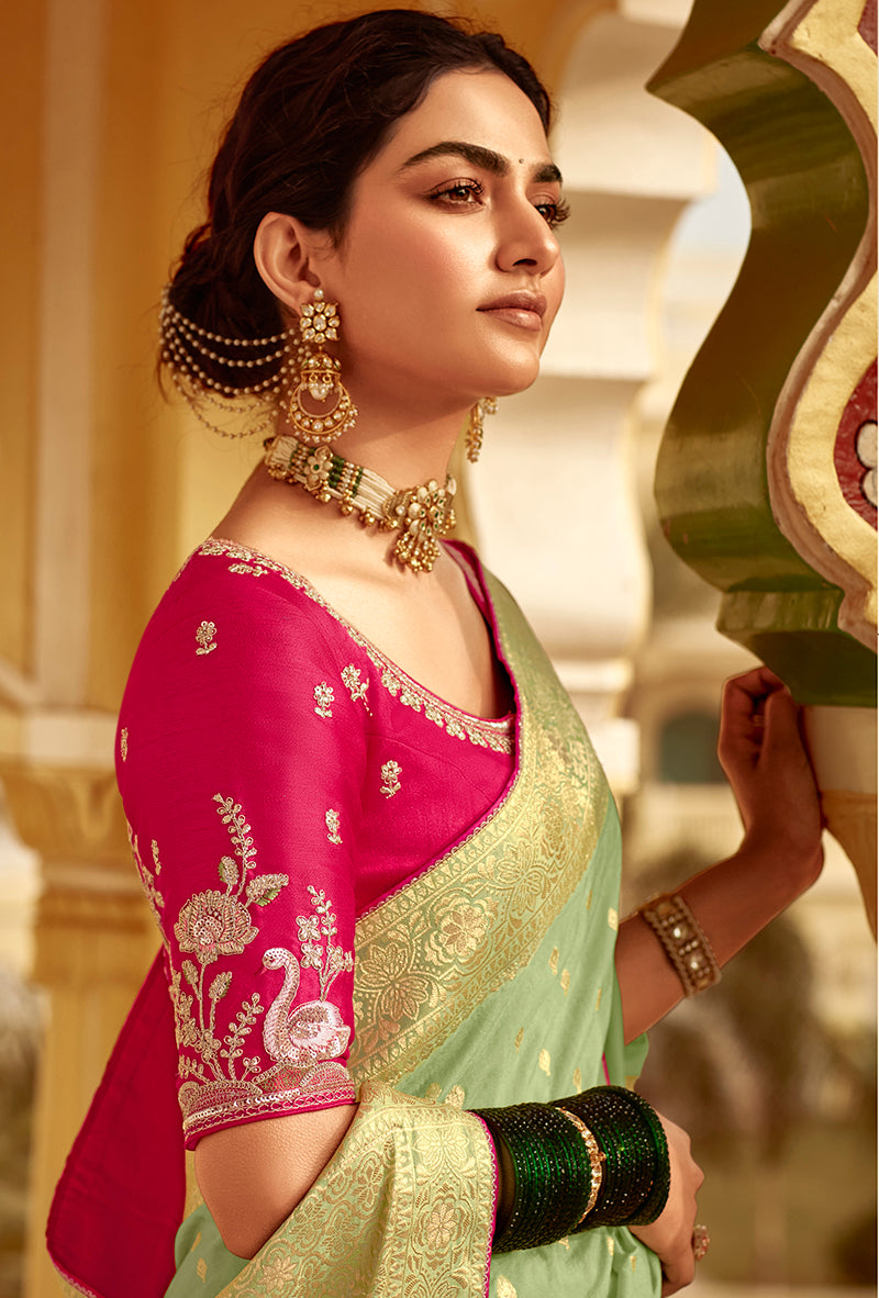Monjolika Fashion Mint Green Dola Silk Wedding Saree with Golden Zari Weaving | Grocsy