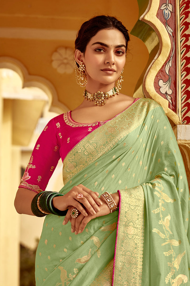 Monjolika Fashion Mint Green Dola Silk Wedding Saree with Golden Zari Weaving | Grocsy