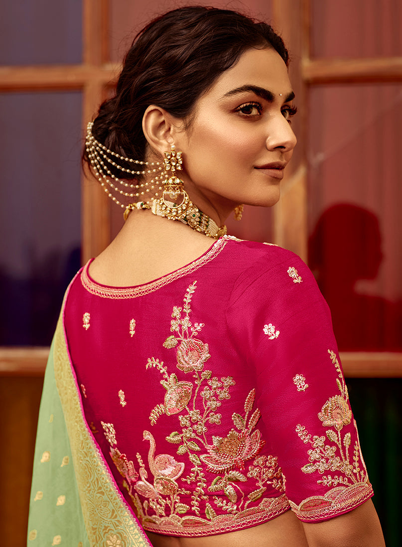 Monjolika Fashion Mint Green Dola Silk Wedding Saree with Golden Zari Weaving | Grocsy