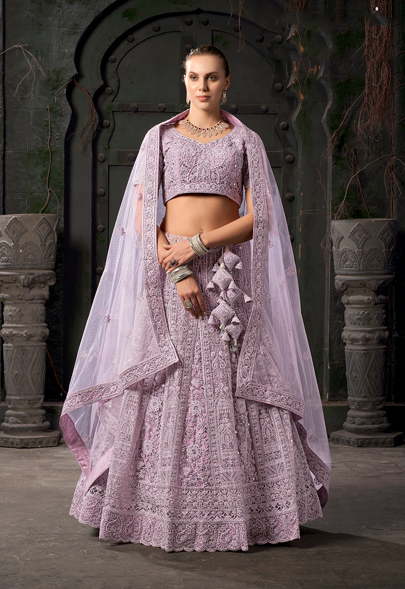 Monjolika Fashion Lavender Net Lehenga Choli In Thread Embroidered | Grocsy