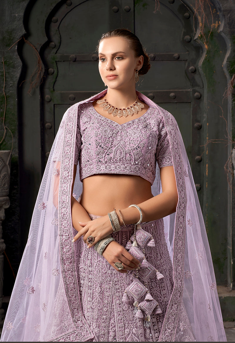 Monjolika Fashion Lavender Net Lehenga Choli In Thread Embroidered | Grocsy