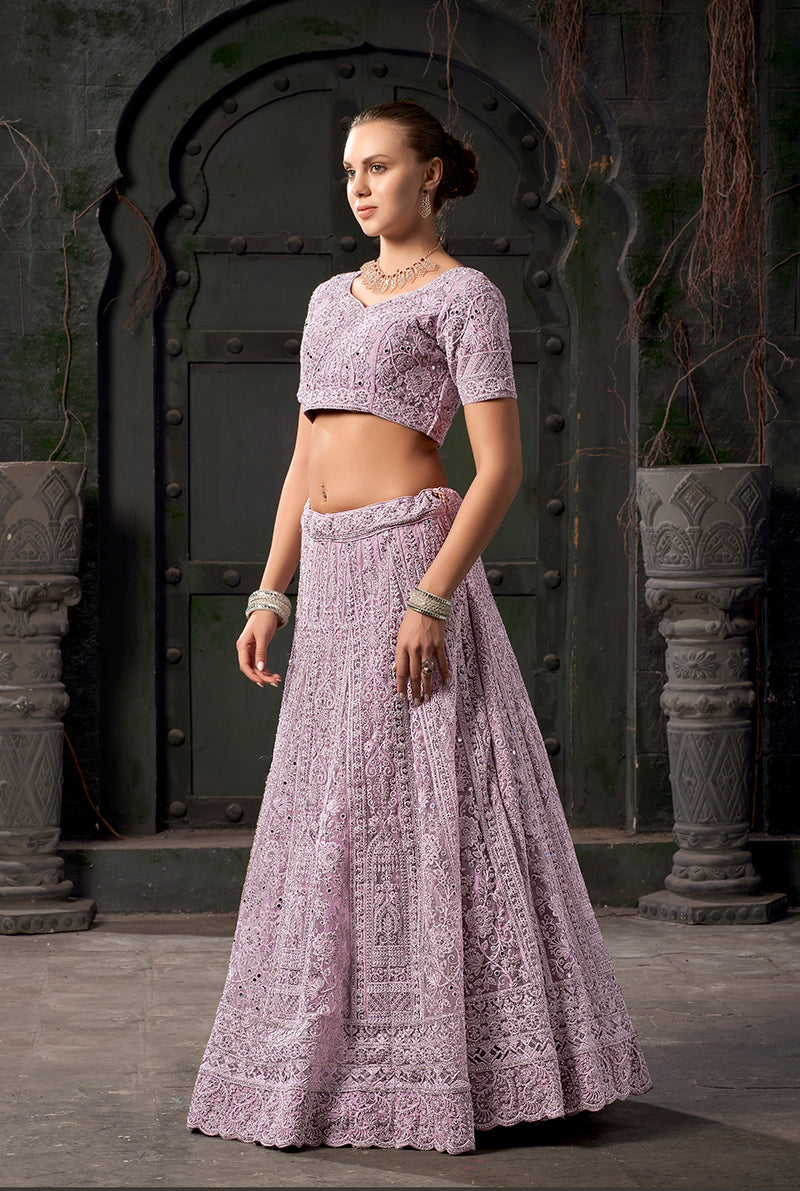 Monjolika Fashion Lavender Net Lehenga Choli In Thread Embroidered | Grocsy
