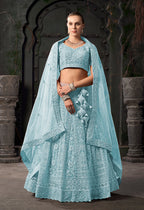 Monjolika Fashion Sky blue Net Lehenga Choli In Thread Embroidered | Grocsy