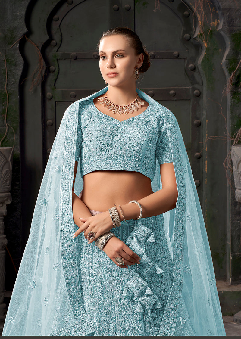 Monjolika Fashion Sky blue Net Lehenga Choli In Thread Embroidered | Grocsy
