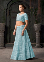 Monjolika Fashion Sky blue Net Lehenga Choli In Thread Embroidered | Grocsy