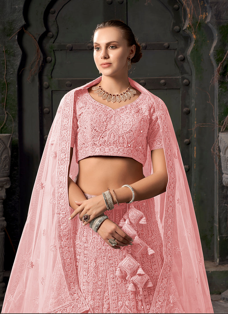 Monjolika Fashion Light pink Net Lehenga Choli In Thread Embroidered | Grocsy